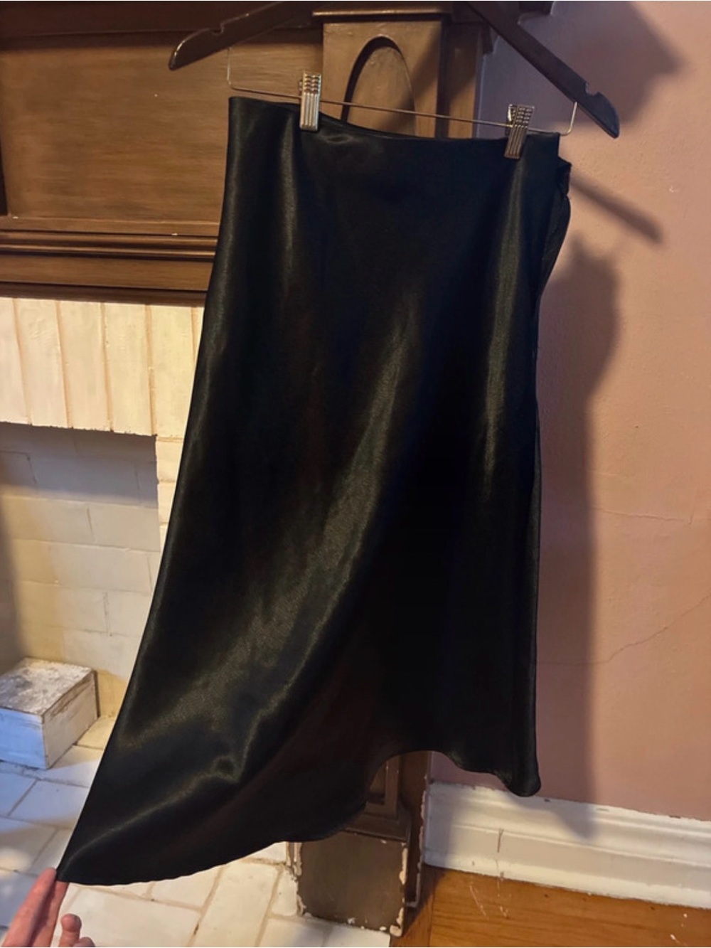 Black faux Satin A line Midi Skirt